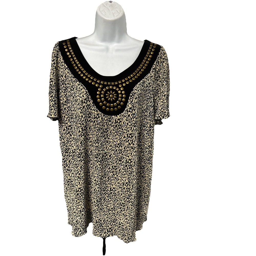 Notations Women's 1X Pleated Sequin Top Flutter Sleeve Artsy Bohemian Funky